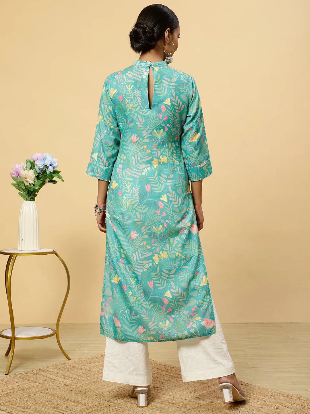 Floral Printed Green Straight Kurta
