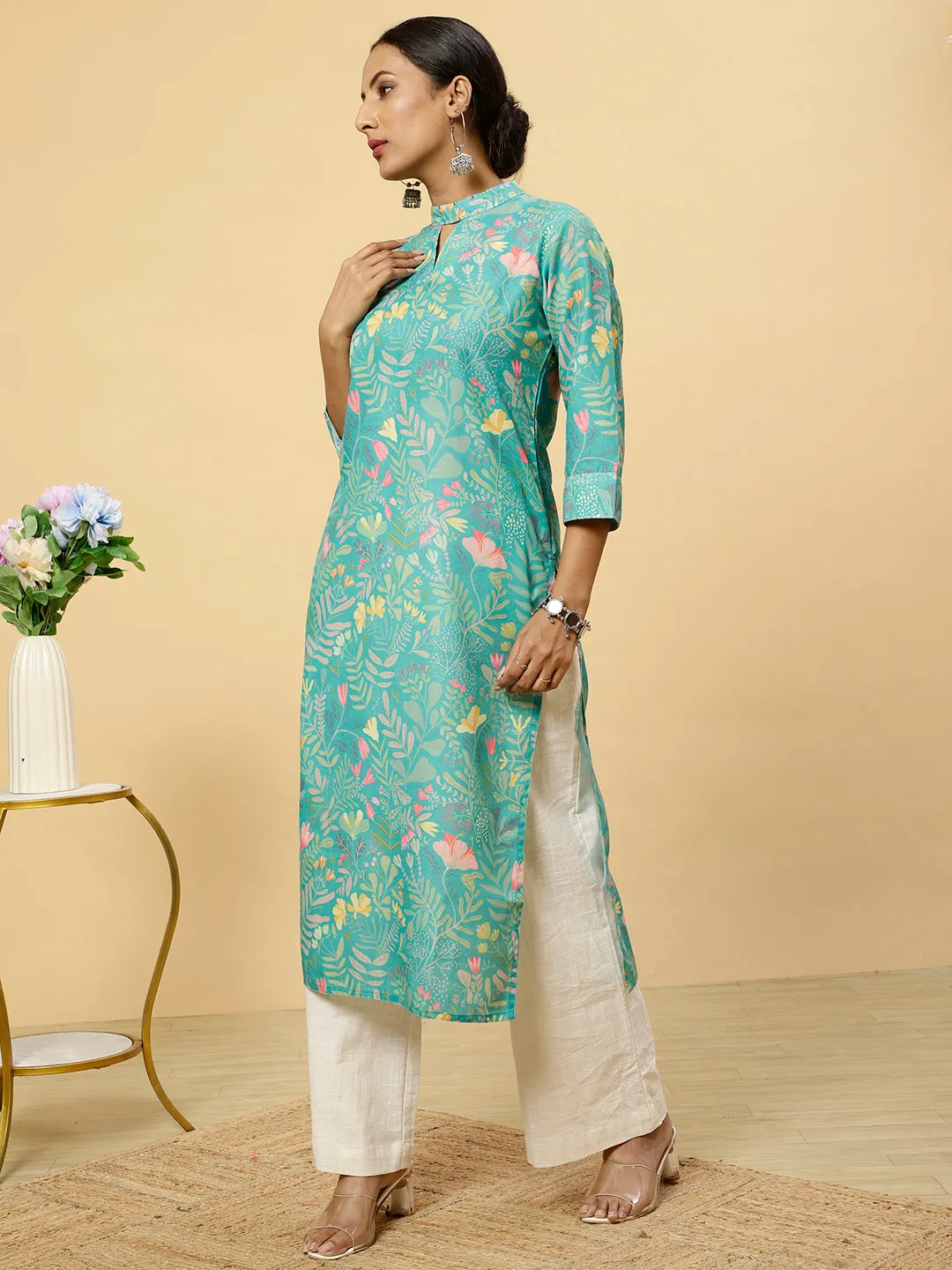 Floral Printed Green Straight Kurta