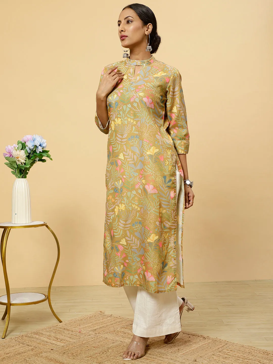 Floral Printed Mustard  Straight Kurta