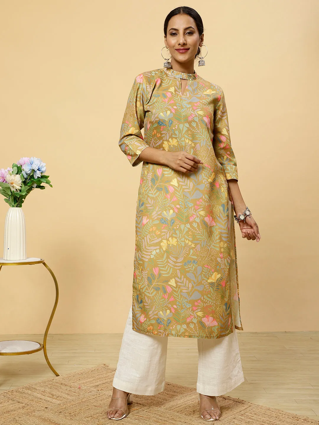 Floral Printed Mustard  Straight Kurta