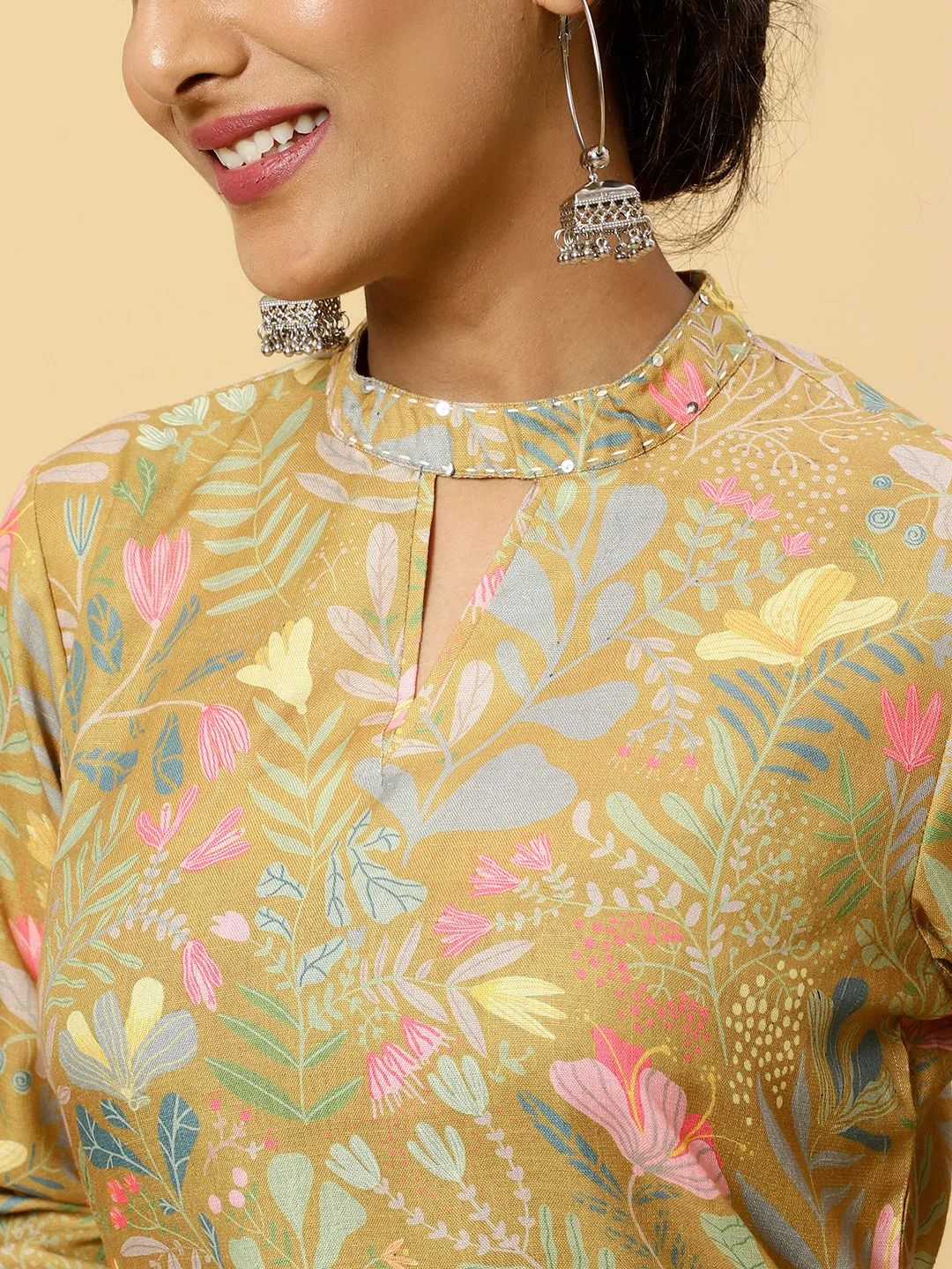 Floral Printed Mustard  Straight Kurta