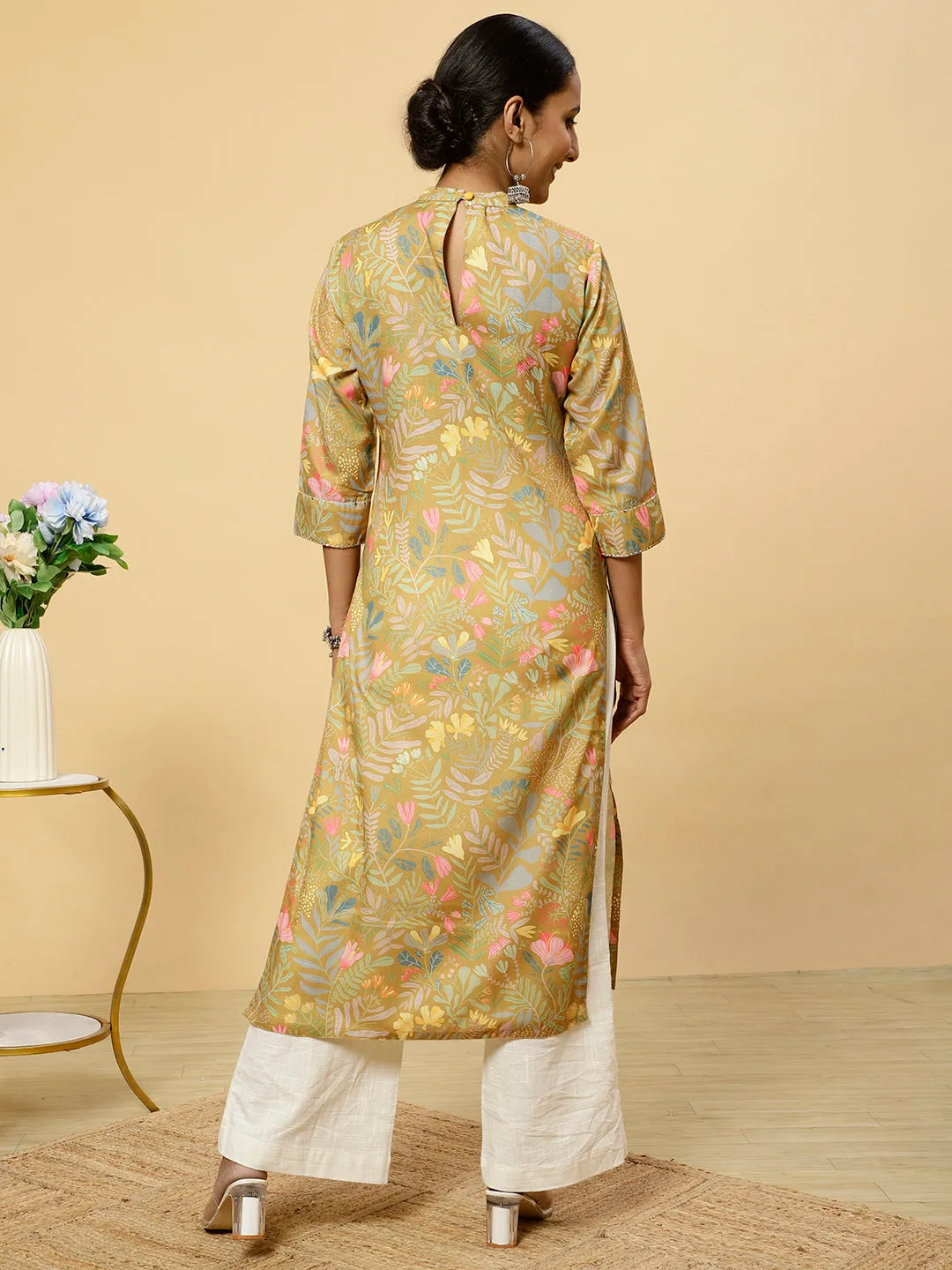 Floral Printed Mustard  Straight Kurta