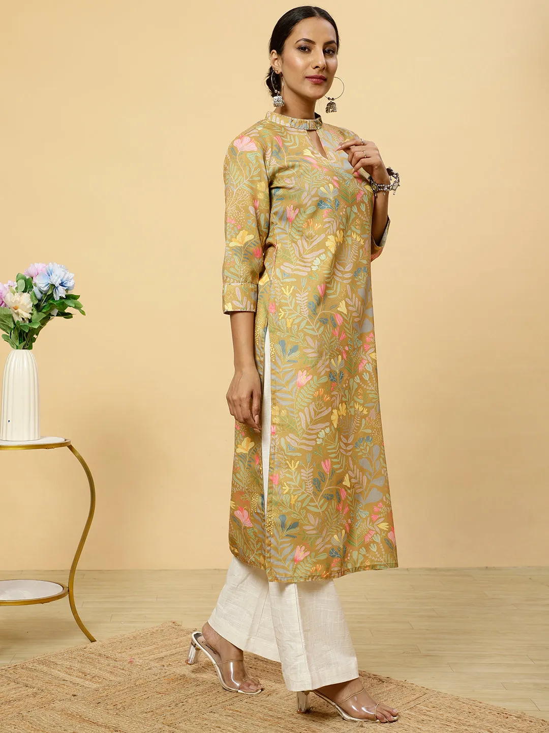 Floral Printed Mustard  Straight Kurta