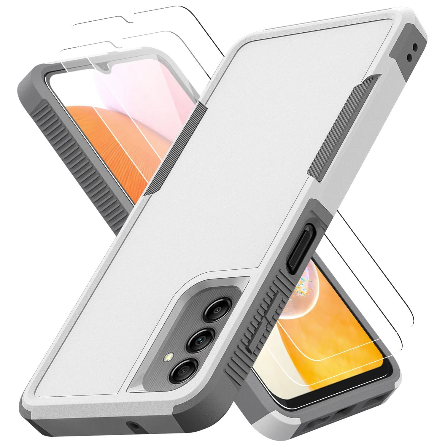 Galaxy A14 5G Grip Case   2 Glass Screen Protectors for Samsung Galaxy A14 5G (White/Gray)