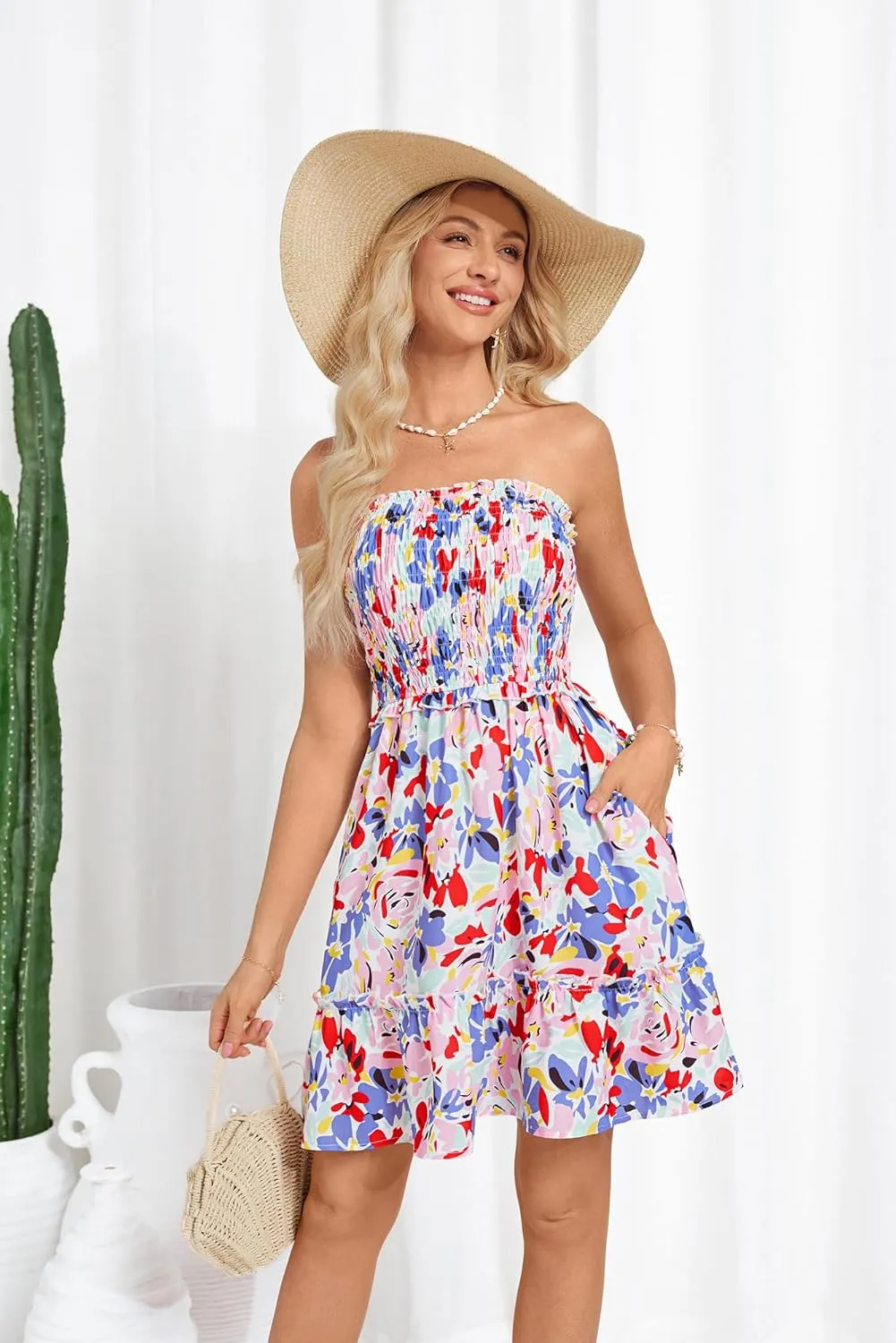 GRACE KARIN Summer Dresses for Women Beach Cover Ups 2025 Tube Strapless Floral Boho Print Sundress