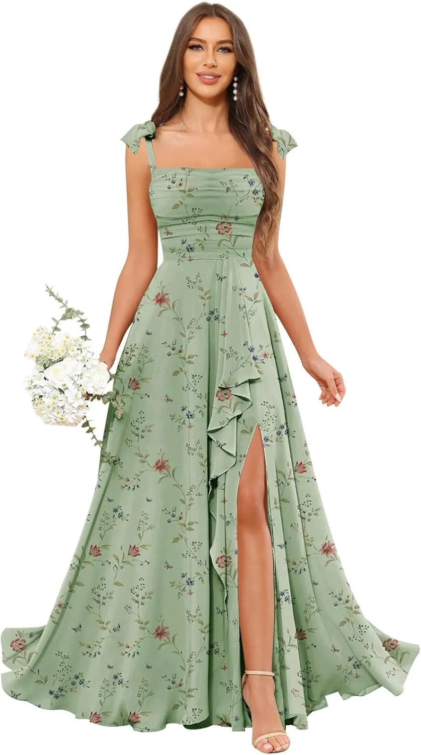GUKARLEED Womens Long Bridesmaid Dresses Wrap Ruffles Chiffon Scoop Neck Slit A-line Wedding Guest Formal Dress with Pockets