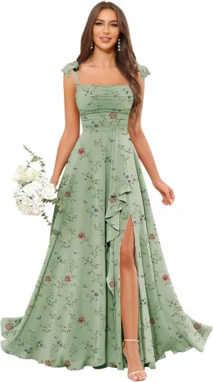 GUKARLEED Womens Long Bridesmaid Dresses Wrap Ruffles Chiffon Scoop Neck Slit A-line Wedding Guest Formal Dress with Pockets