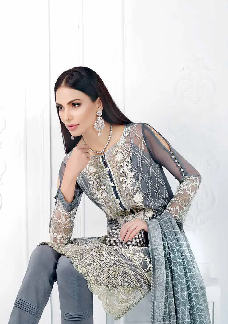 Gul Ahmed Luxury Festive Eid Collection - Grey 3 Pc Premium Embroidered Chiffon FE-18