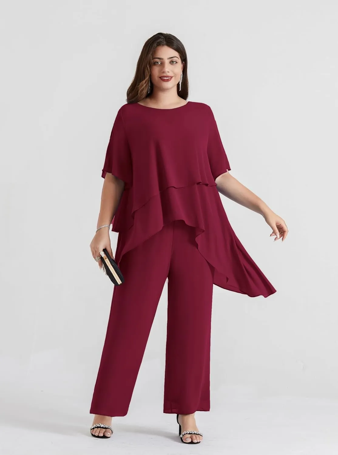 Hanna Nikole 2025 Plus Size Mother of The Bride Pant Suits 2 Piece Chiffon Sets Ruffle Asymmetric Layers Wedding Guest Outfit