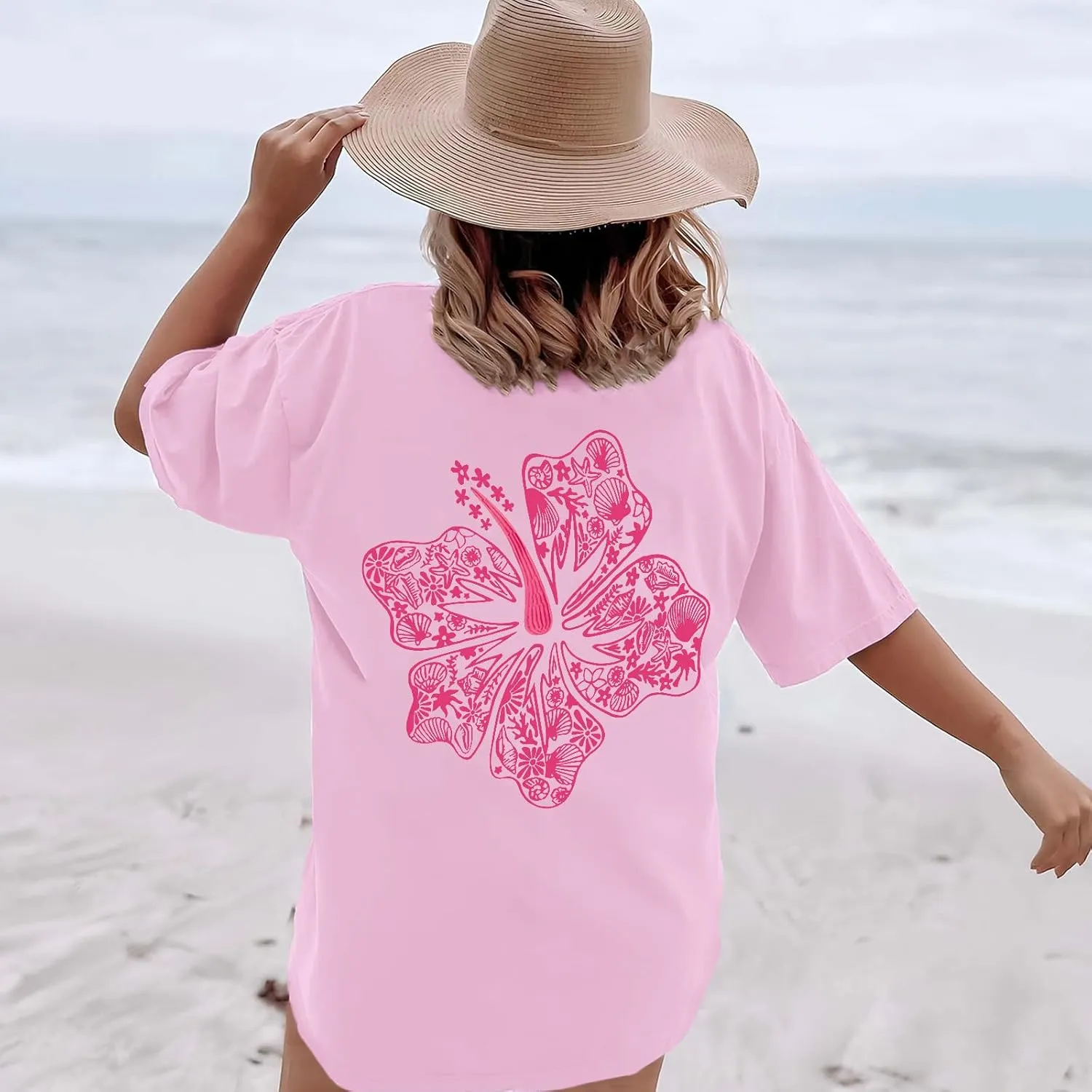 Hawaiian T Shirts for Women Oversized Aesthetic Hibiscus Flower Beach Shirt Teens Preppy Tropical Graphic Tee Tops