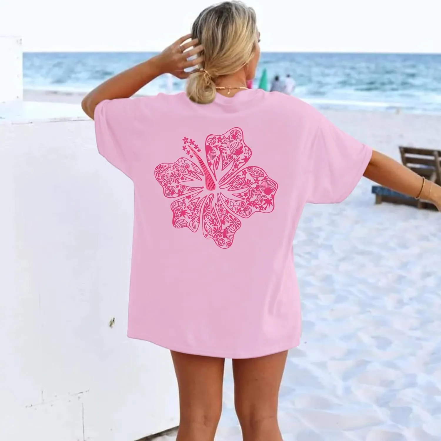 Hawaiian T Shirts for Women Oversized Aesthetic Hibiscus Flower Beach Shirt Teens Preppy Tropical Graphic Tee Tops