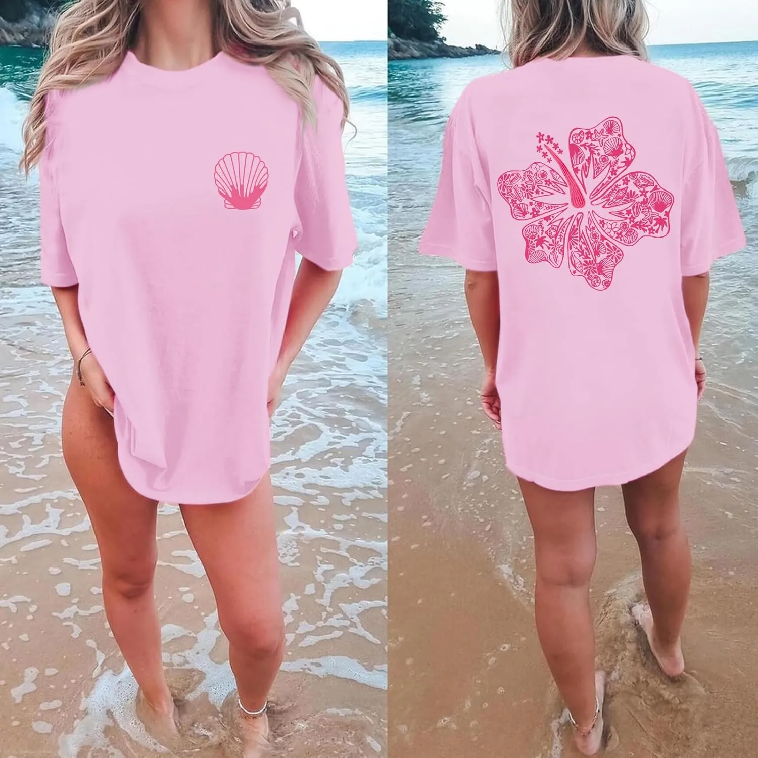 Hawaiian T Shirts for Women Oversized Aesthetic Hibiscus Flower Beach Shirt Teens Preppy Tropical Graphic Tee Tops