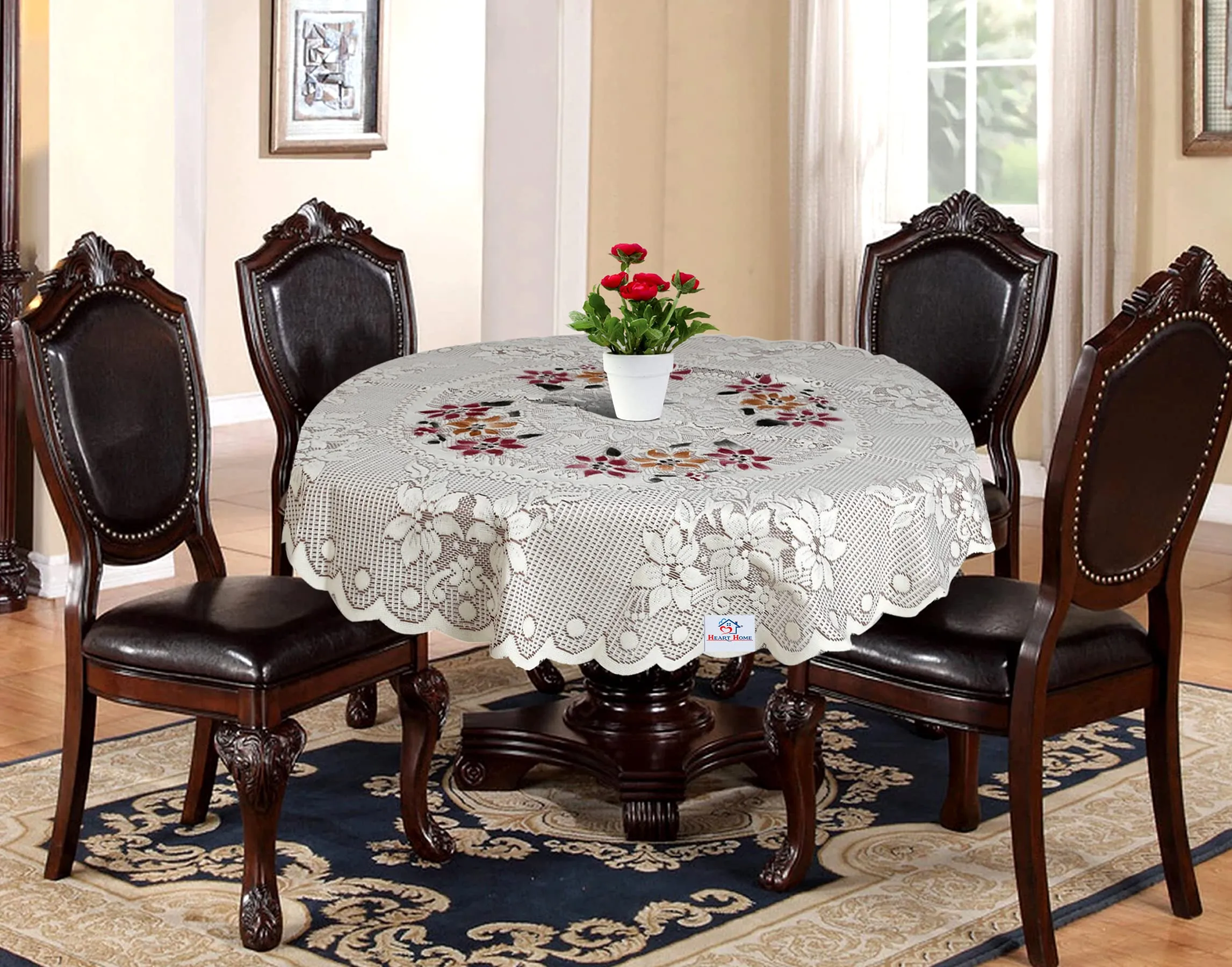 Heart Home Cotton Round Table Cover with Flower Design for Parties, Birthdays or Special Holiday Gatherings & Indoor/Outdoor (Brown), Standard (HS_37_HEARTH020507)