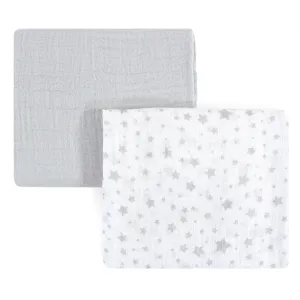Hudson Baby Cotton Muslin Swaddle Blankets, Gray Stars