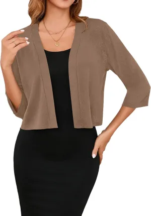 Iandroiy Women's 3/4 Sleeve Shrugs Lightweight Open Front Cropped Cardigan for Women