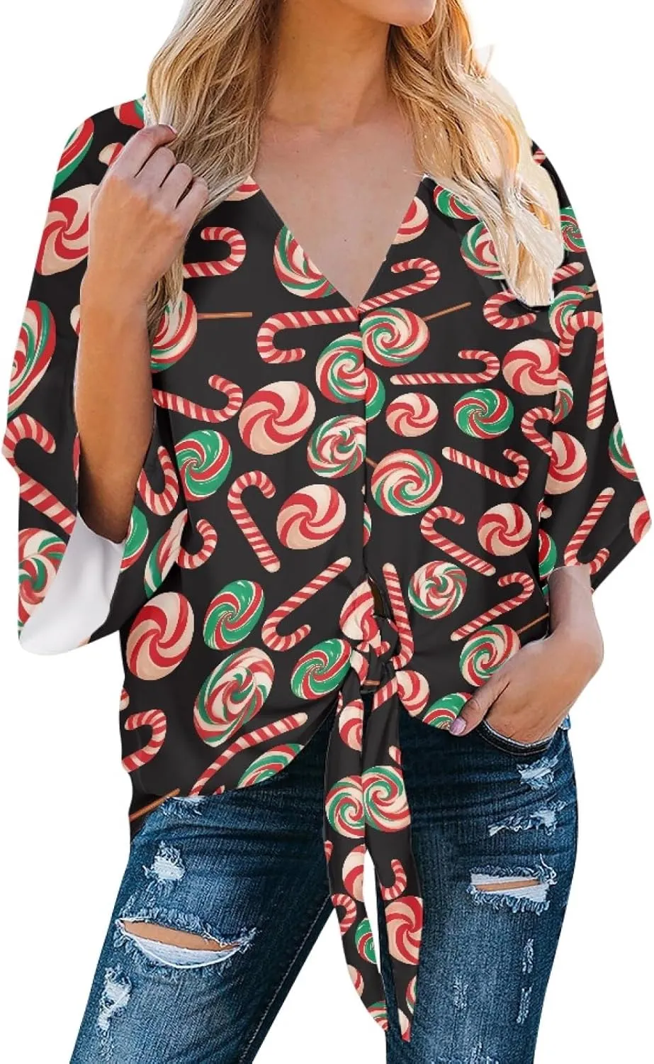 JooMeryer Women's Flamingo Tie Front V-Neck Bell Sleeve Casual Chiffon Blouses Shirts Tops