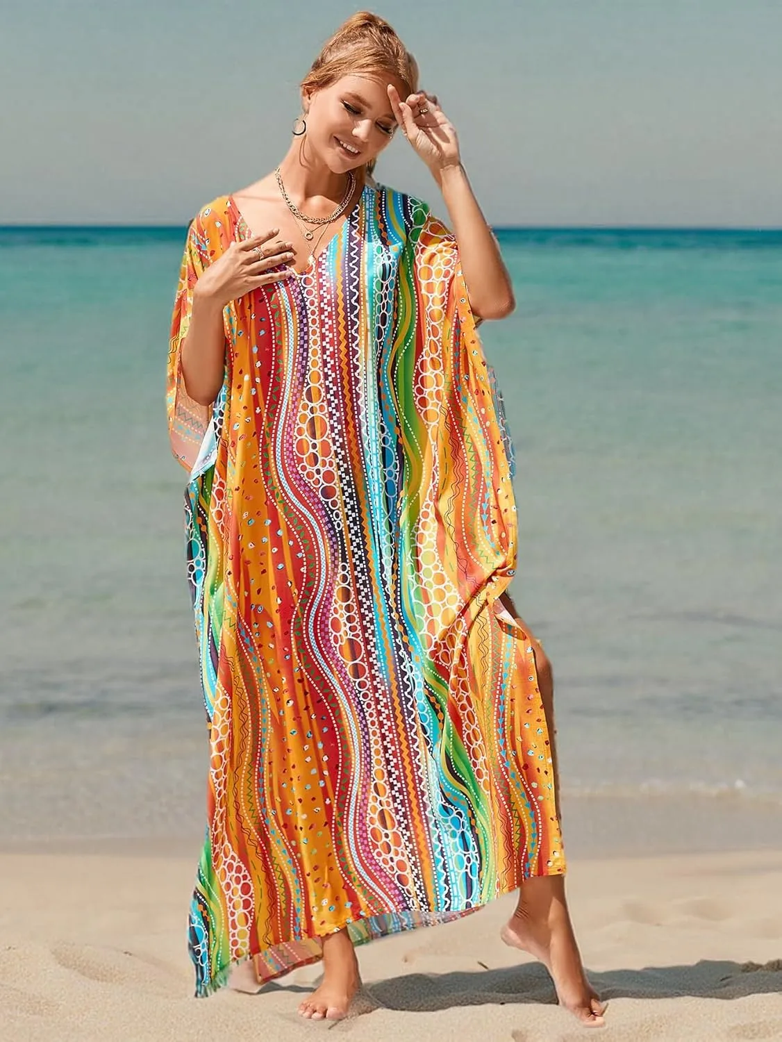 Kaftan Dresses for Women Plus Size Bathing Suit Cover up Vneck Batwing Dress Loose fit Moroccan Caftan mumu Dresses