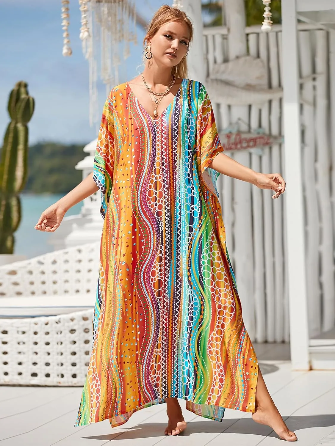 Kaftan Dresses for Women Plus Size Bathing Suit Cover up Vneck Batwing Dress Loose fit Moroccan Caftan mumu Dresses