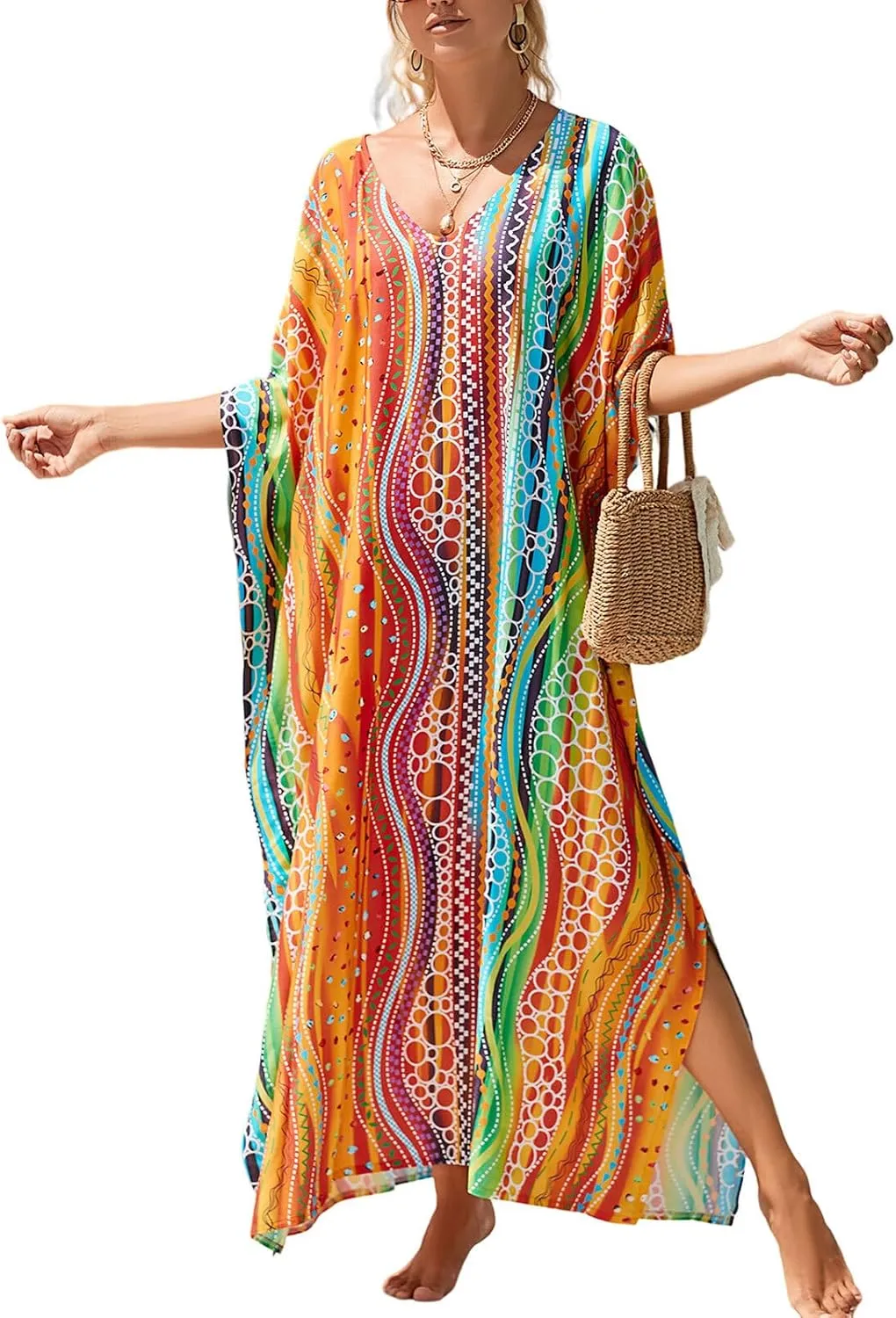 Kaftan Dresses for Women Plus Size Bathing Suit Cover up Vneck Batwing Dress Loose fit Moroccan Caftan mumu Dresses