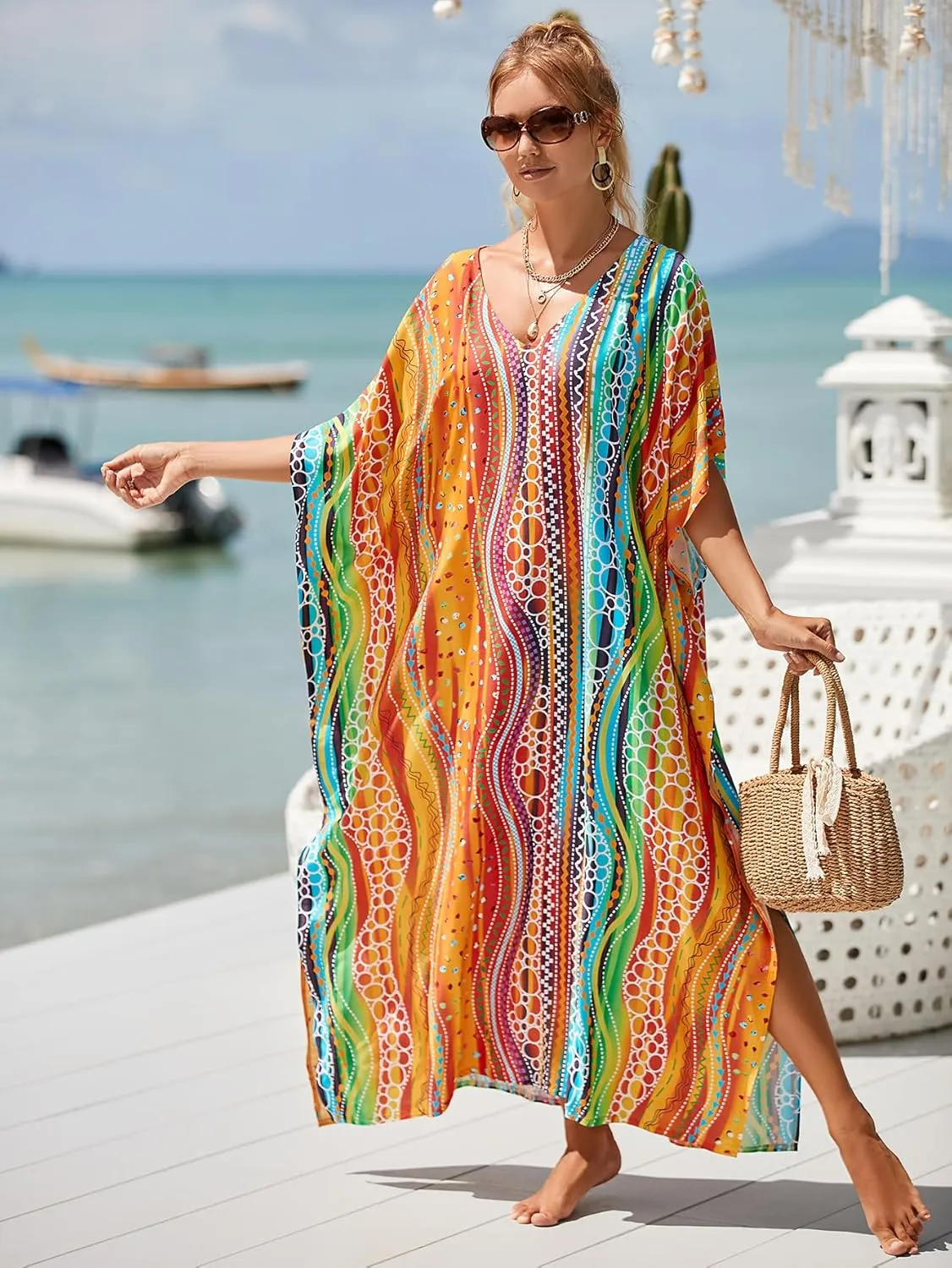 Kaftan Dresses for Women Plus Size Bathing Suit Cover up Vneck Batwing Dress Loose fit Moroccan Caftan mumu Dresses