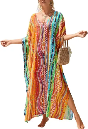 Kaftan Dresses for Women Plus Size Bathing Suit Cover up Vneck Batwing Dress Loose fit Moroccan Caftan mumu Dresses