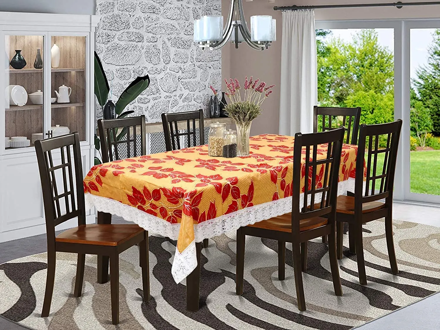 Kuber Industries Floral PVC 6 Seater Dining Table Cover - Red (CTKTC02087)