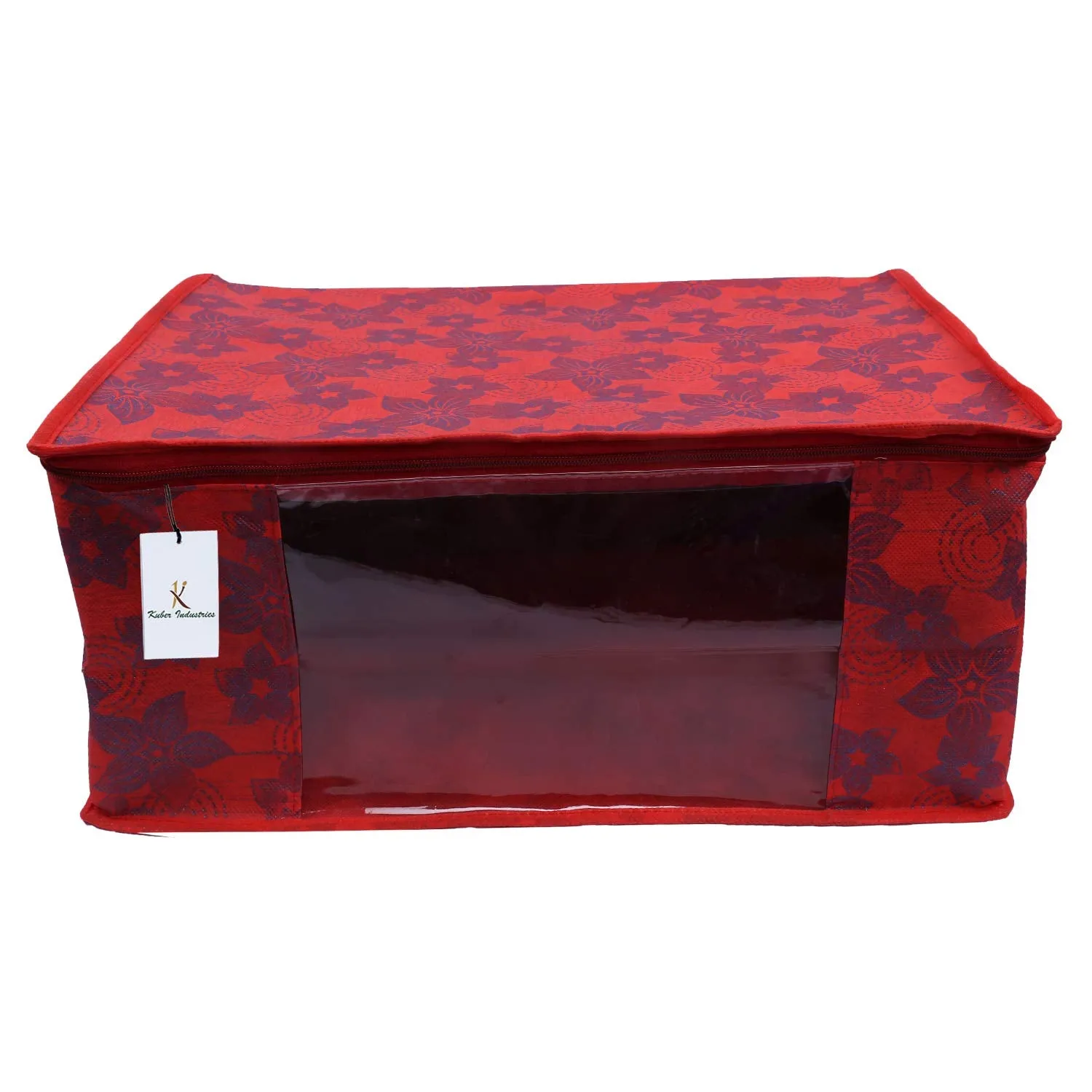 Kuber Industries Metalic Flower 6 Piece Non Woven Saree Cover Set, 7 inch, Red