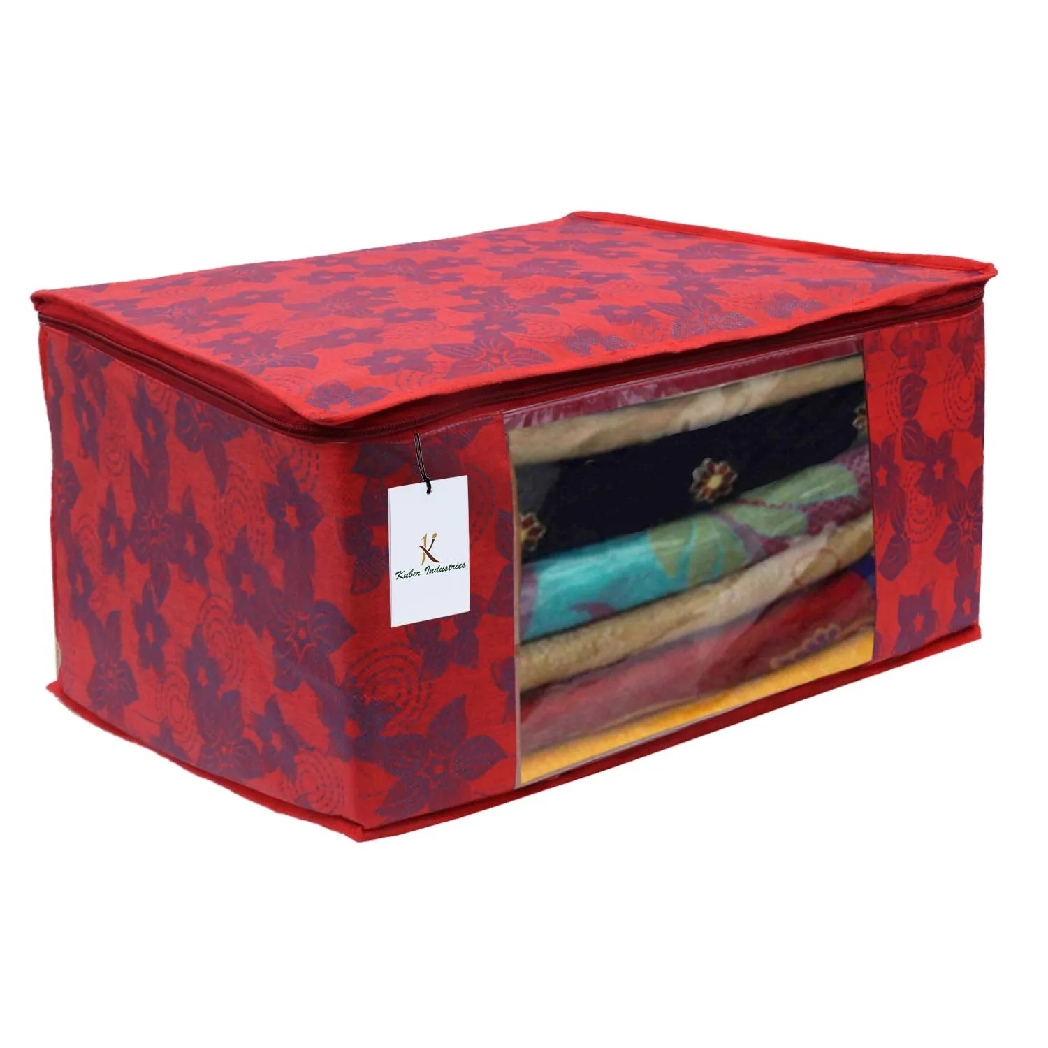 Kuber Industries Metalic Flower 6 Piece Non Woven Saree Cover Set, 7 inch, Red