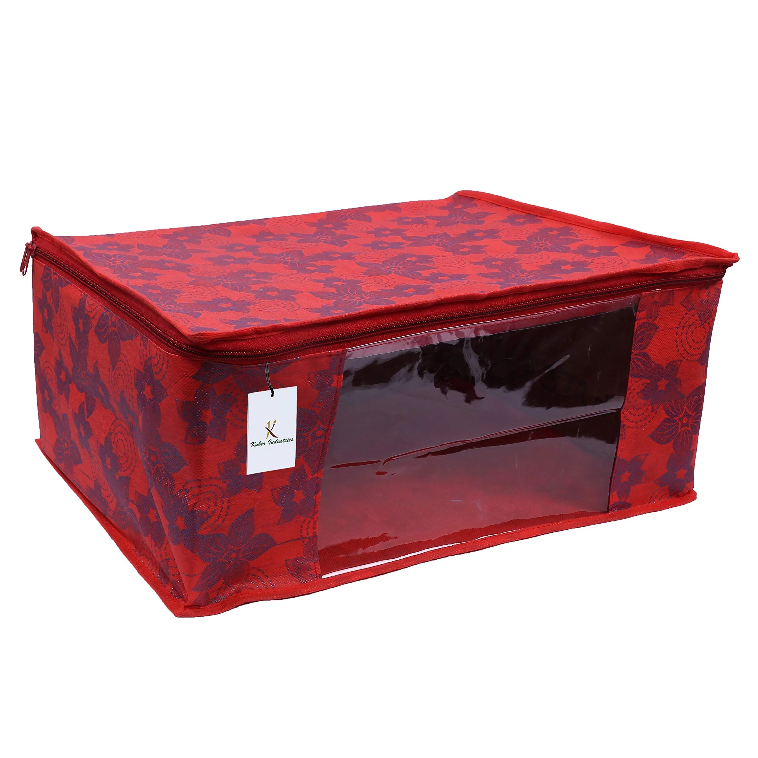 Kuber Industries Metalic Flower 6 Piece Non Woven Saree Cover Set, 7 inch, Red