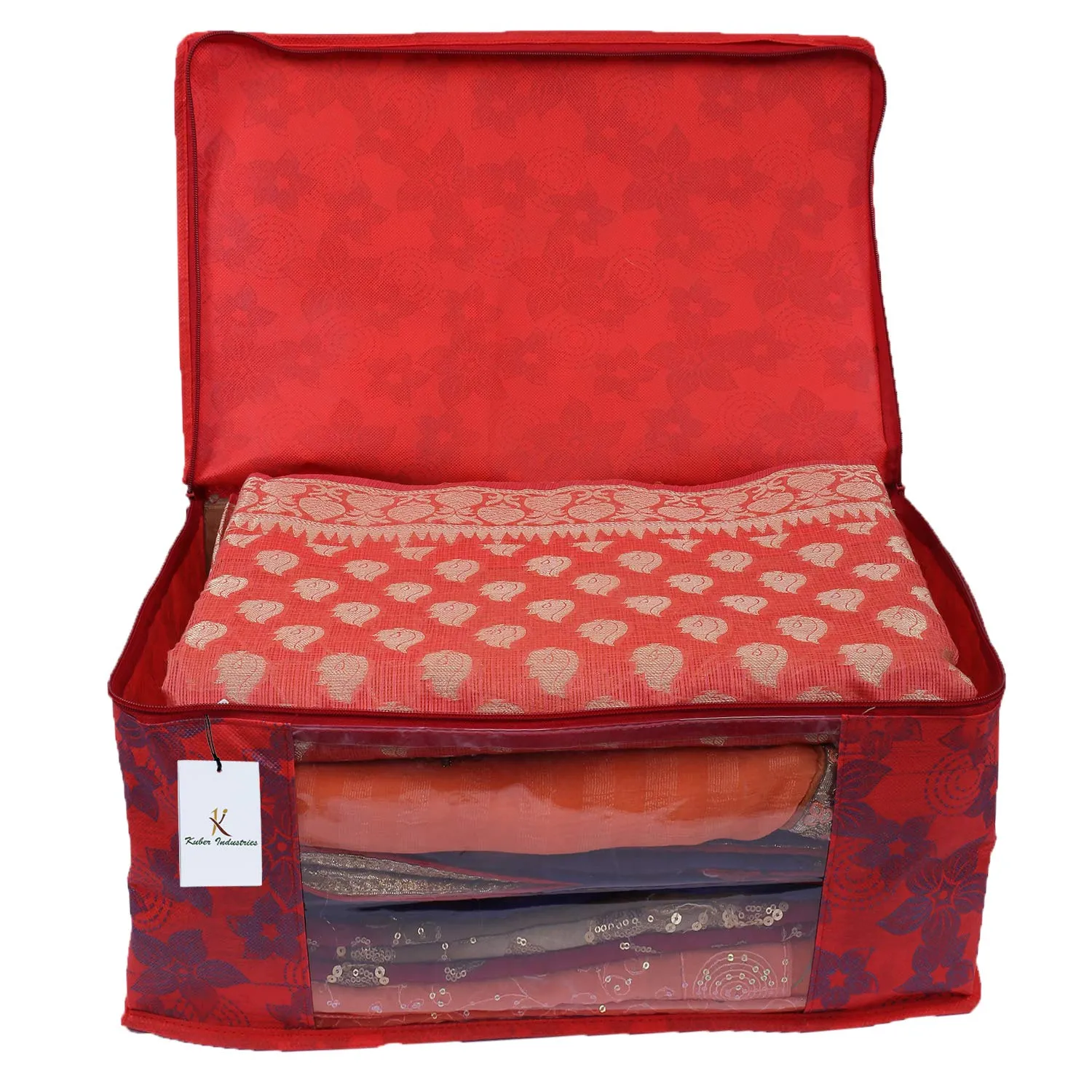 Kuber Industries Metalic Flower 6 Piece Non Woven Saree Cover Set, 7 inch, Red