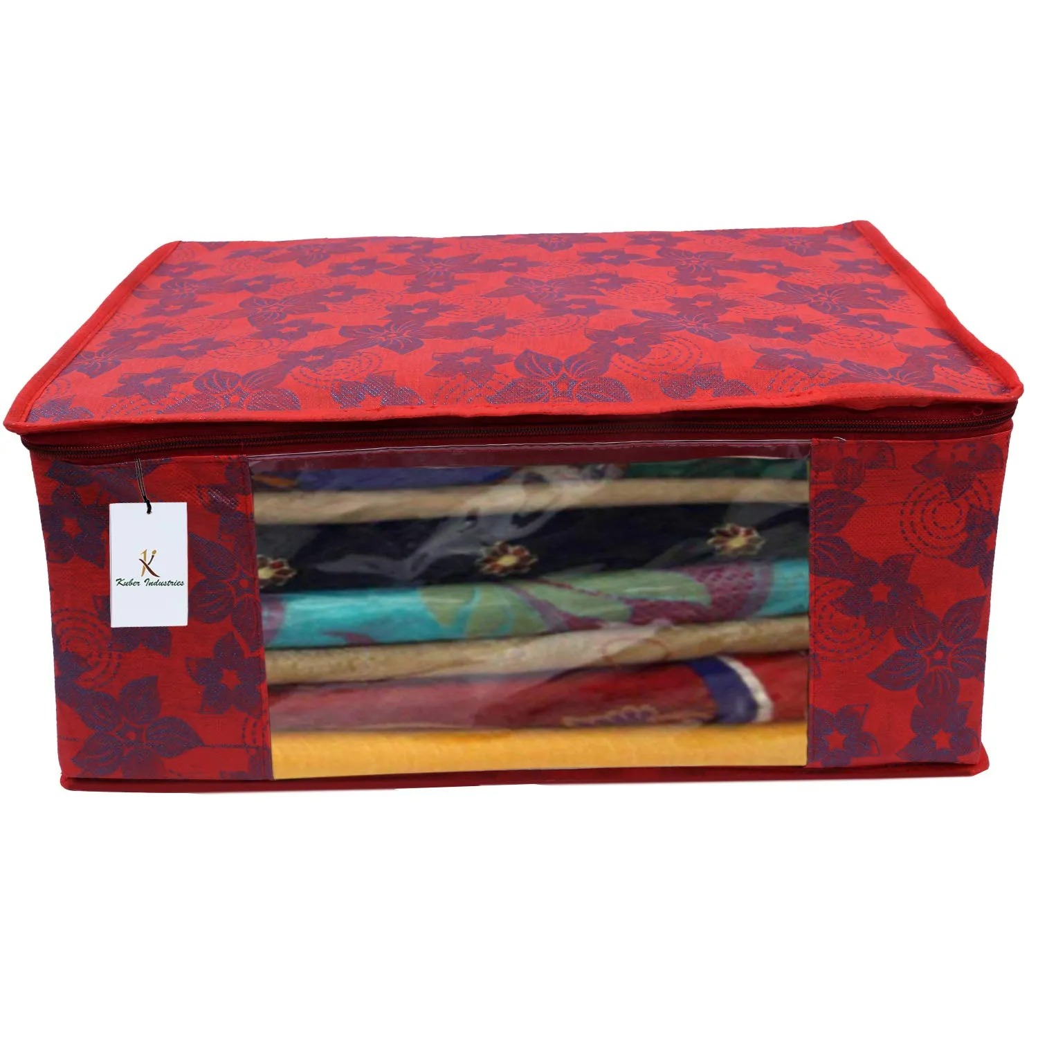 Kuber Industries Metalic Flower 6 Piece Non Woven Saree Cover Set, 7 inch, Red