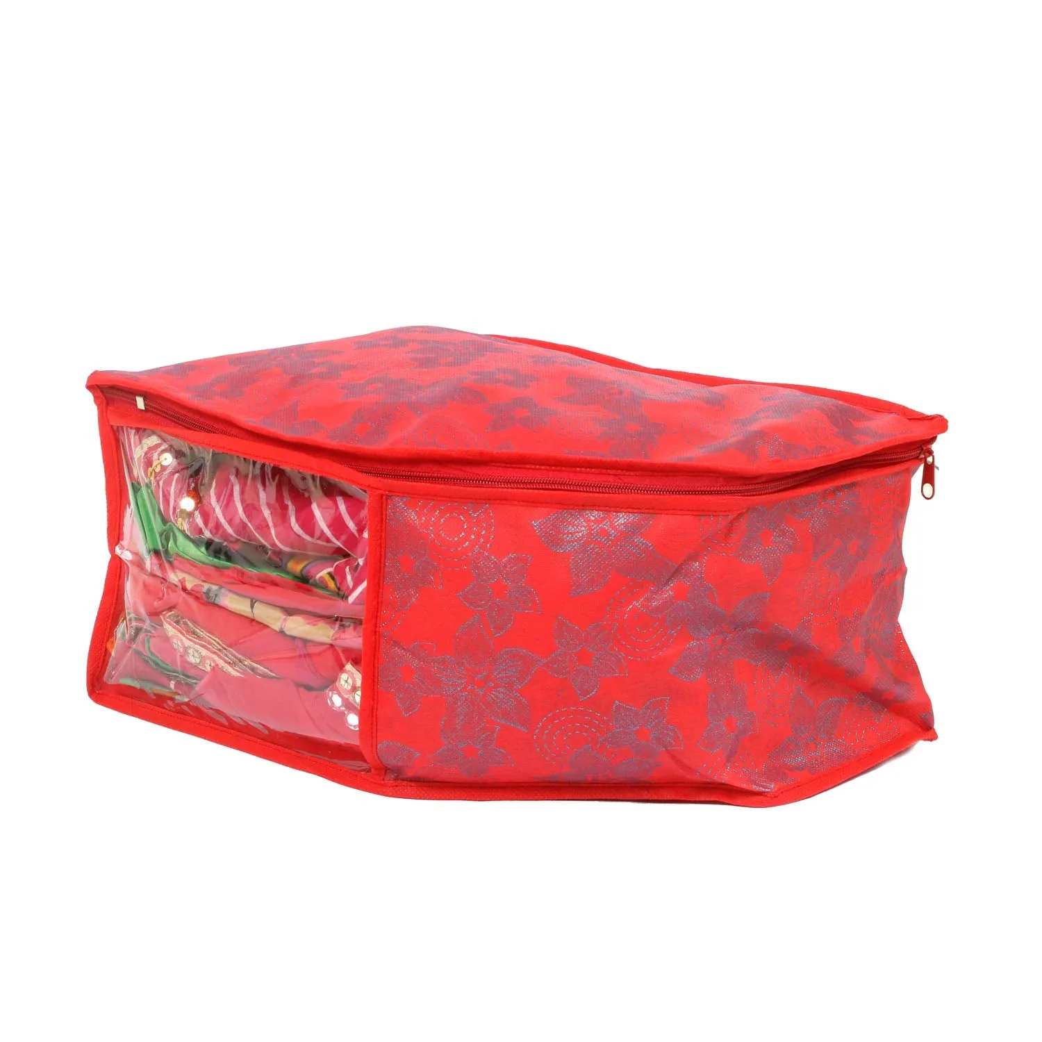 Kuber Industries Metallic Flower 3 Pieces Non Woven Blouse Cover Set (Red) - CTKTC023179