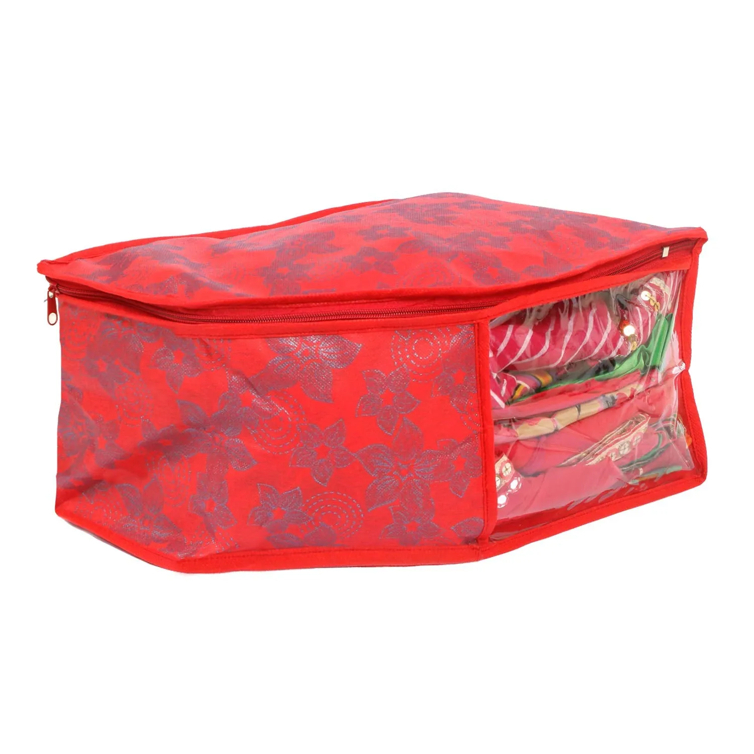 Kuber Industries Metallic Flower 3 Pieces Non Woven Blouse Cover Set (Red) - CTKTC023179