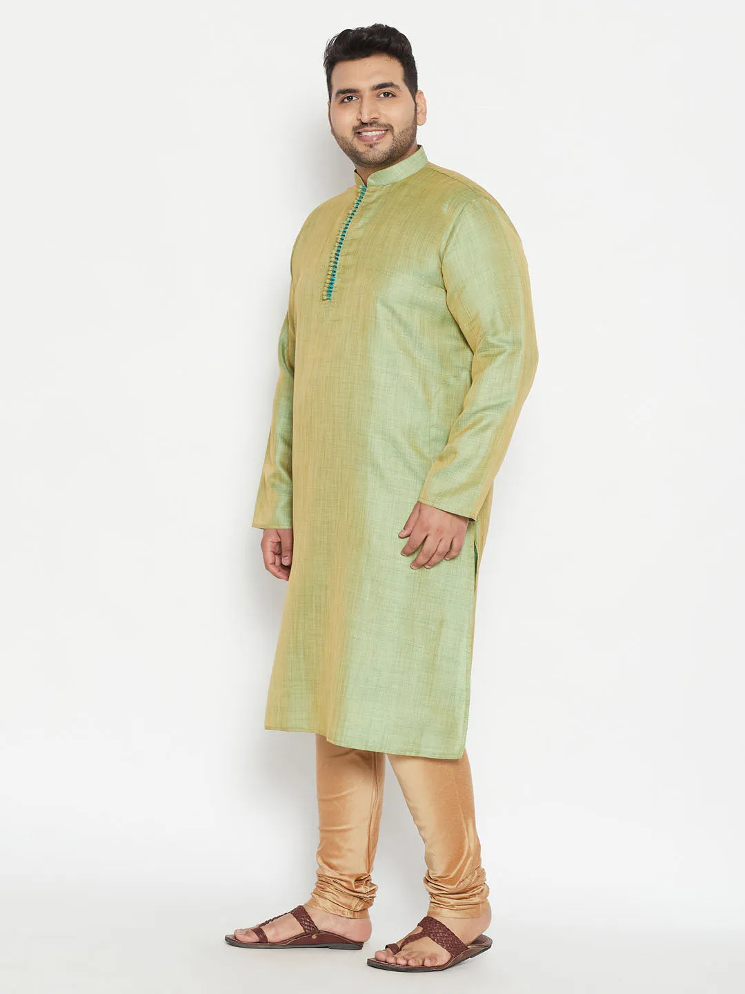 Men's Plus Mint Green And Rose Gold Viscose Blend Kurta - Vastramay