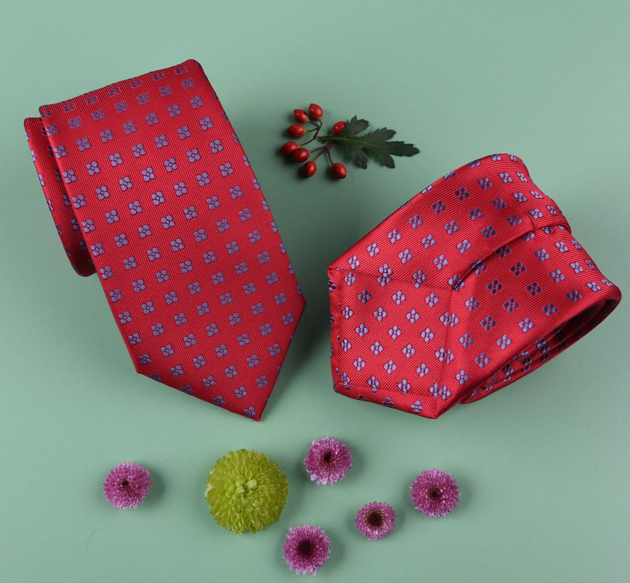 Navy Square Floral Pattern Red Woven Tie 3"