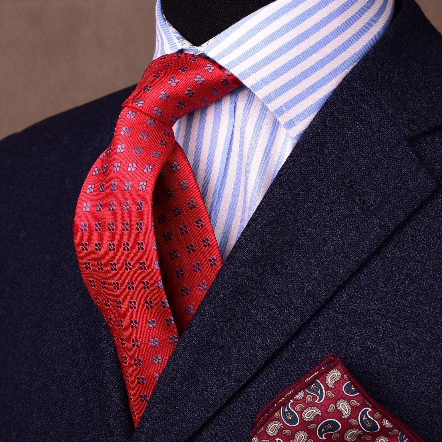 Navy Square Floral Pattern Red Woven Tie 3"