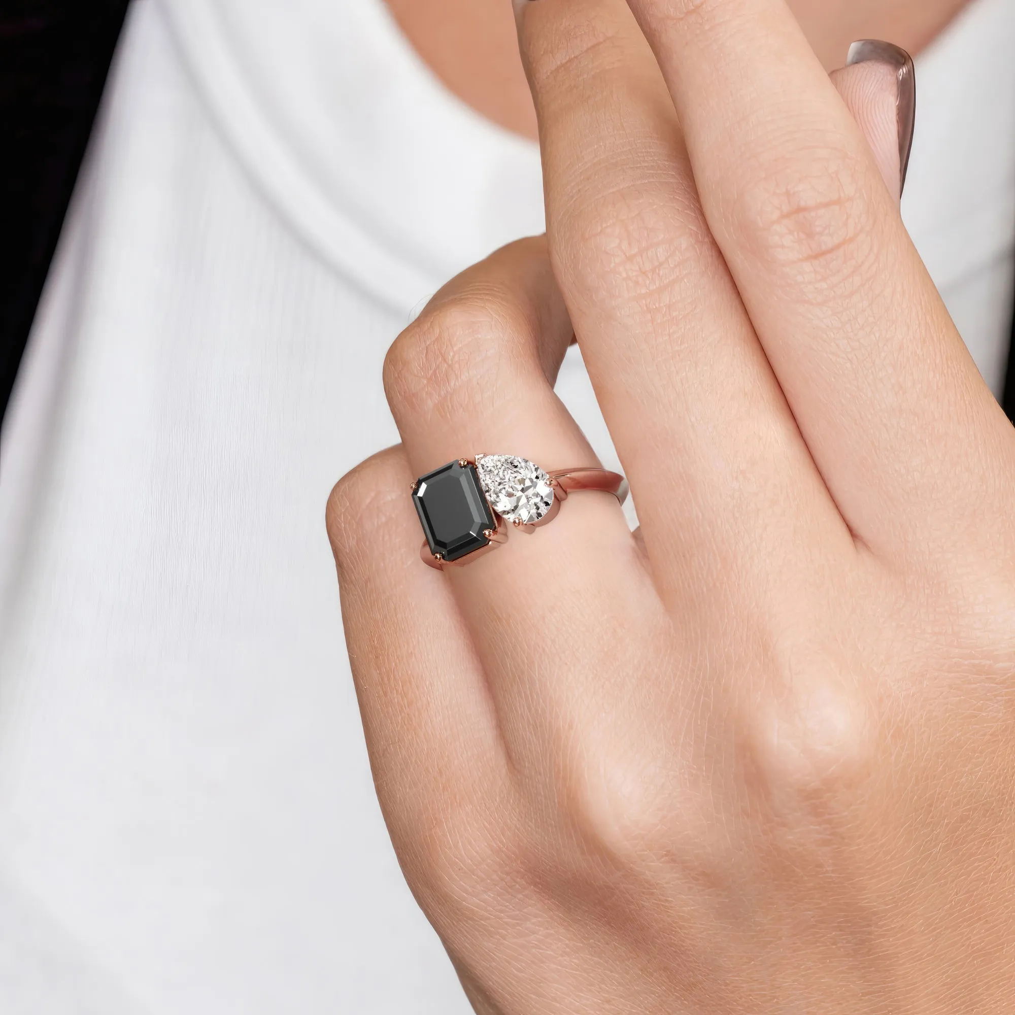 Neptune'S Moons -   Two Stone  Natural Black Diamond Emerald Cut Engagement Ring  in Rose Gold