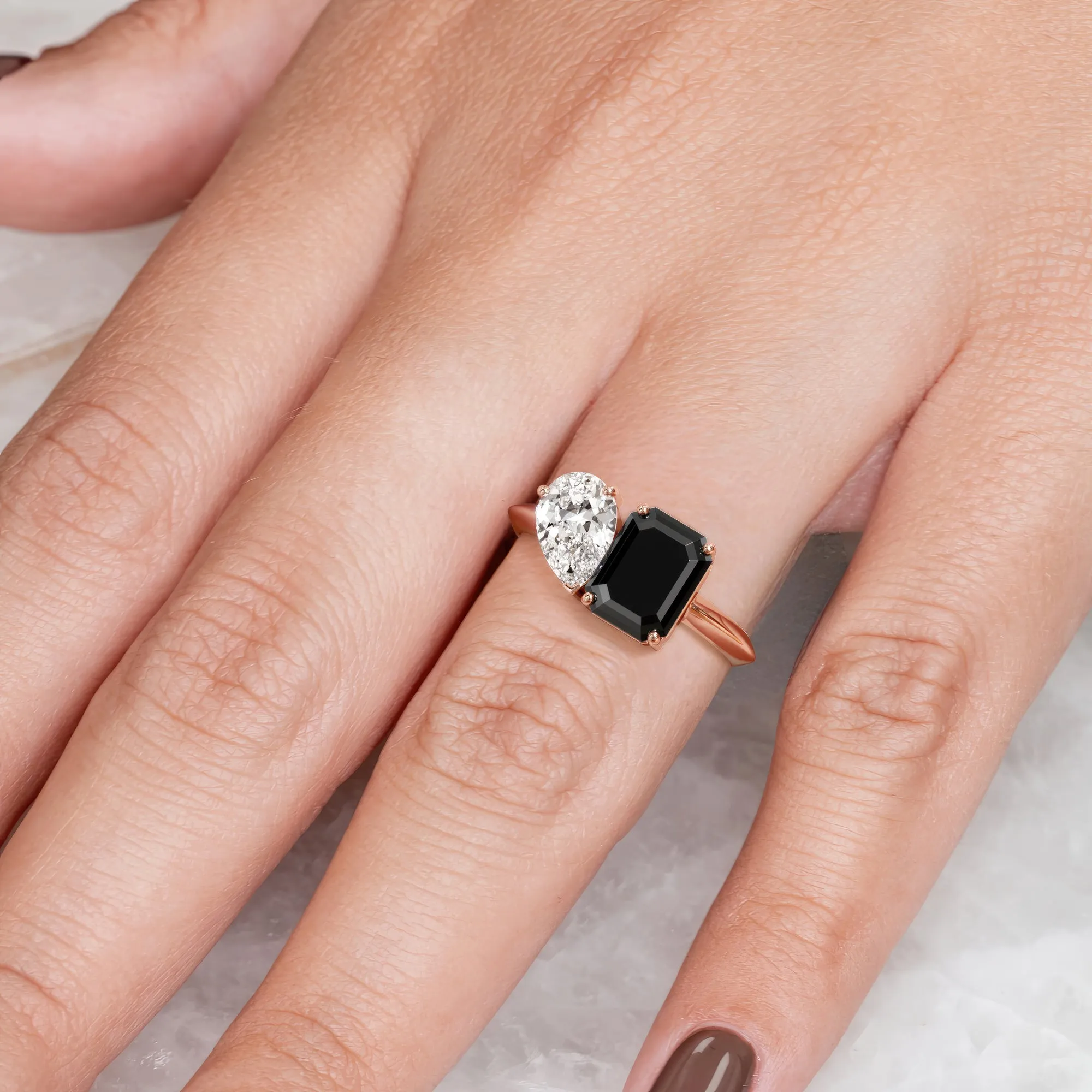 Neptune'S Moons -   Two Stone  Natural Black Diamond Emerald Cut Engagement Ring  in Rose Gold
