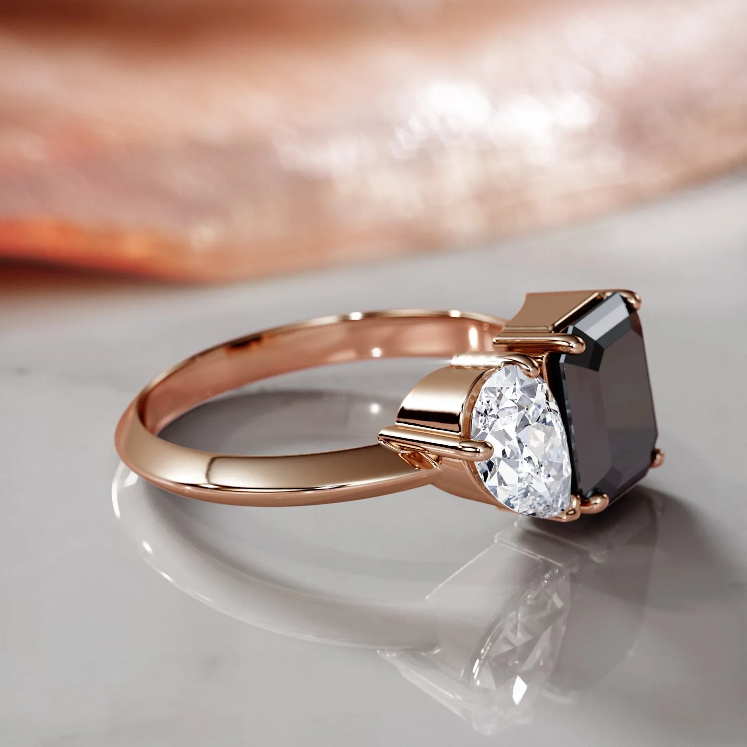 Neptune'S Moons -   Two Stone  Natural Black Diamond Emerald Cut Engagement Ring  in Rose Gold