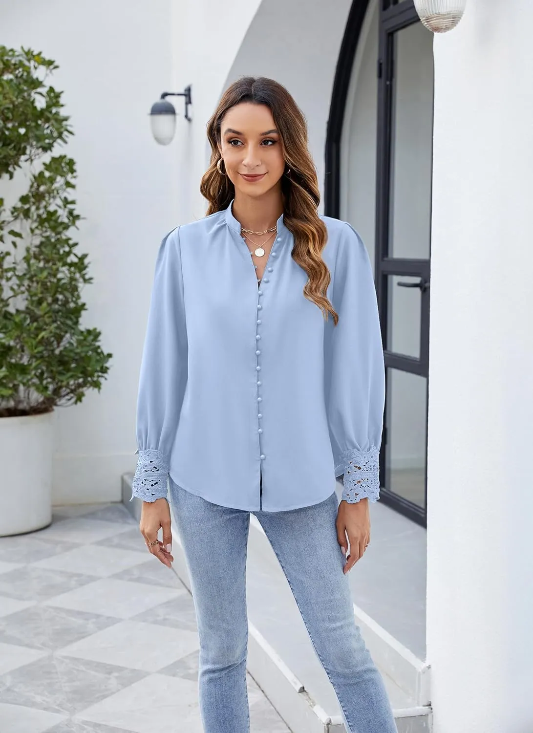 Neweek Womens Button Down Shirts Lace Cuff Long Sleeve Chiffon Dressy Tops Band Collar Fall Business Casual Blouses 2025