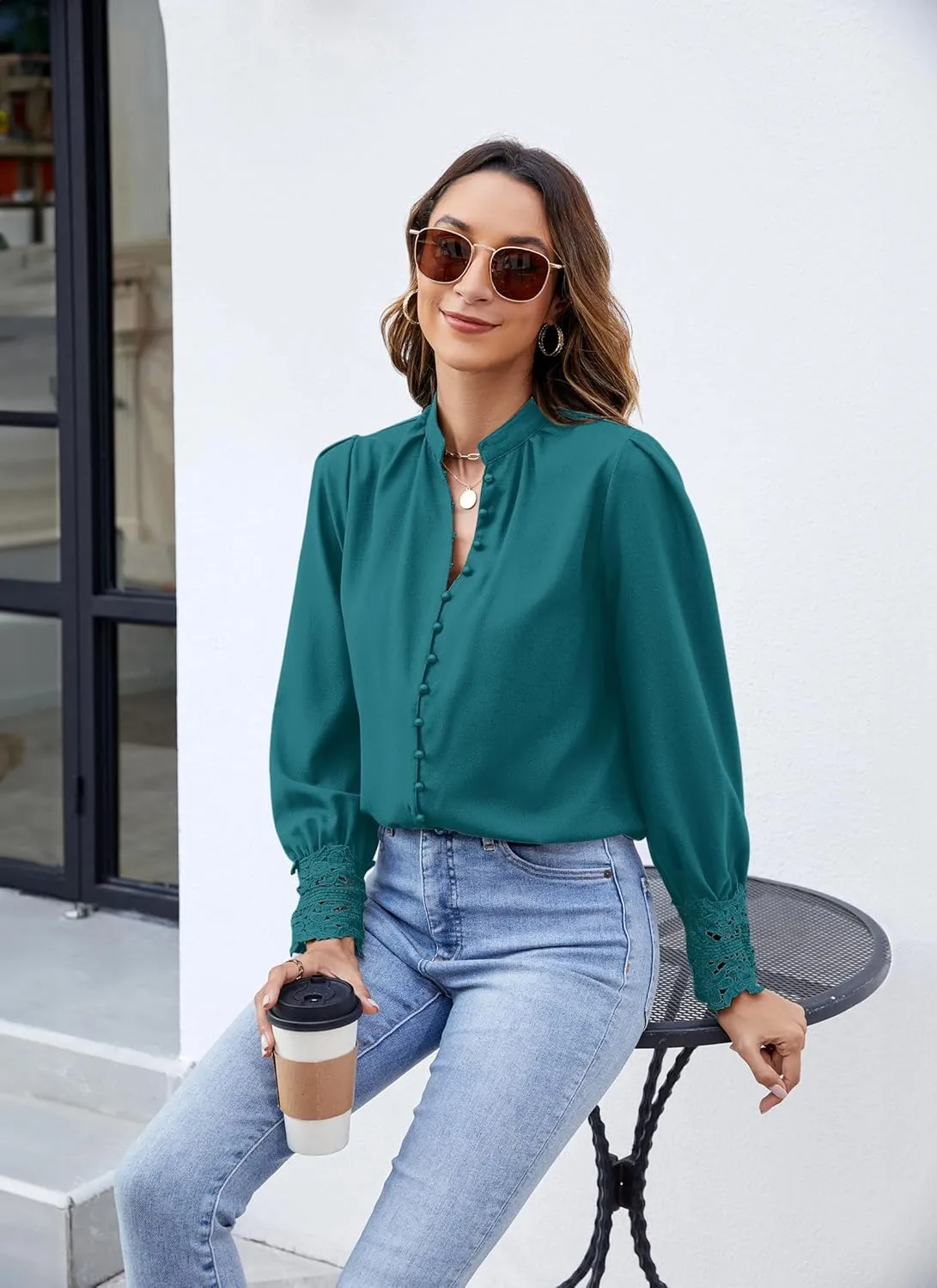 Neweek Womens Button Down Shirts Lace Cuff Long Sleeve Chiffon Dressy Tops Band Collar Fall Business Casual Blouses 2025