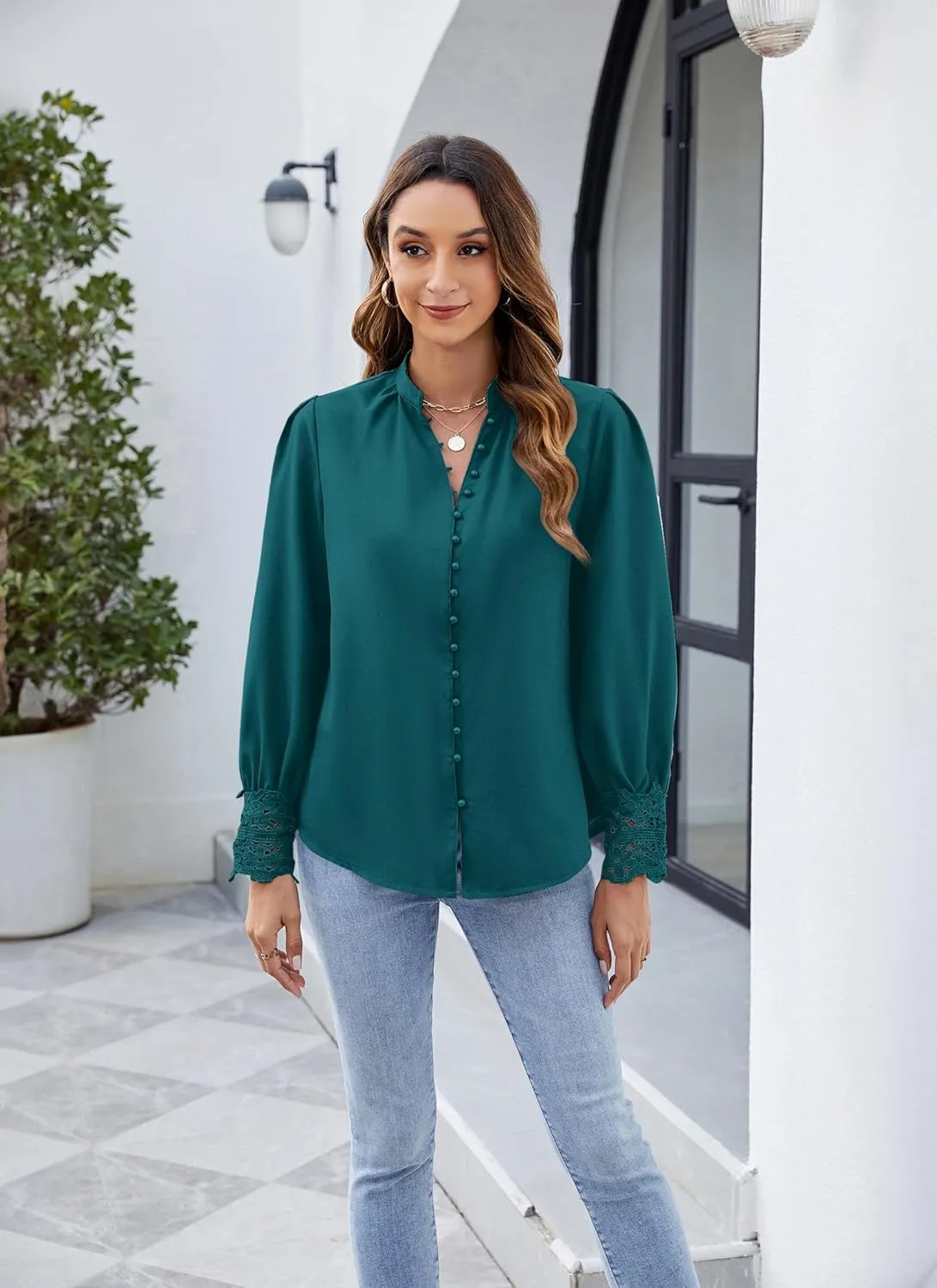 Neweek Womens Button Down Shirts Lace Cuff Long Sleeve Chiffon Dressy Tops Band Collar Fall Business Casual Blouses 2025