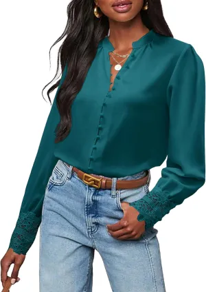 Neweek Womens Button Down Shirts Lace Cuff Long Sleeve Chiffon Dressy Tops Band Collar Fall Business Casual Blouses 2025