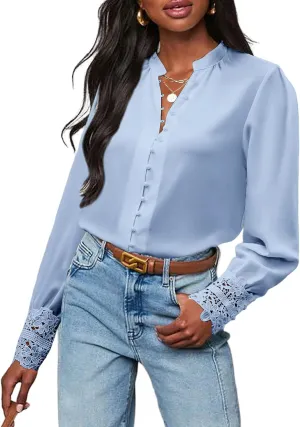 Neweek Womens Button Down Shirts Lace Cuff Long Sleeve Chiffon Dressy Tops Band Collar Fall Business Casual Blouses 2025