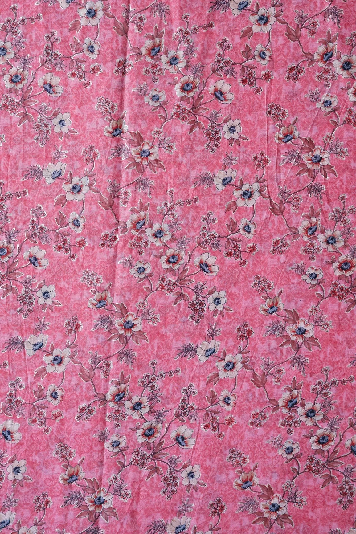 Pink And Beige Color Floral Foil Print On Pure Mul Cotton Fabric