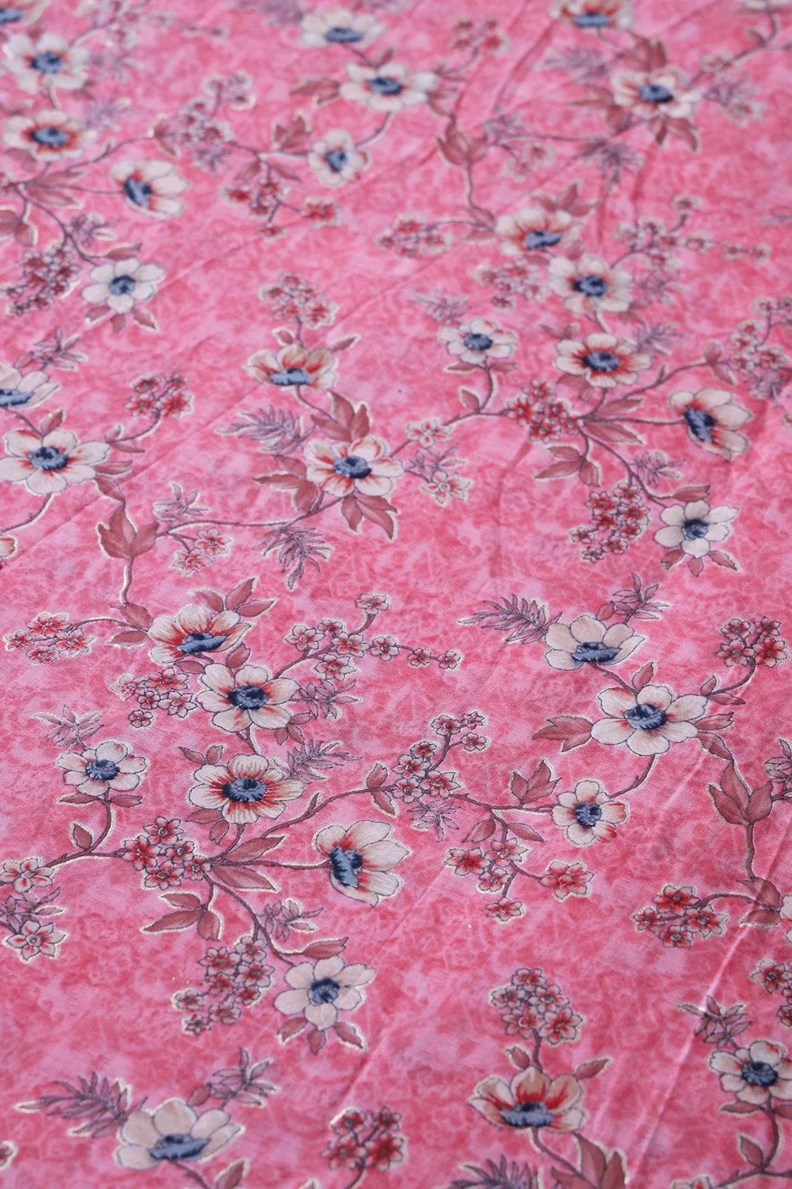 Pink And Beige Color Floral Foil Print On Pure Mul Cotton Fabric