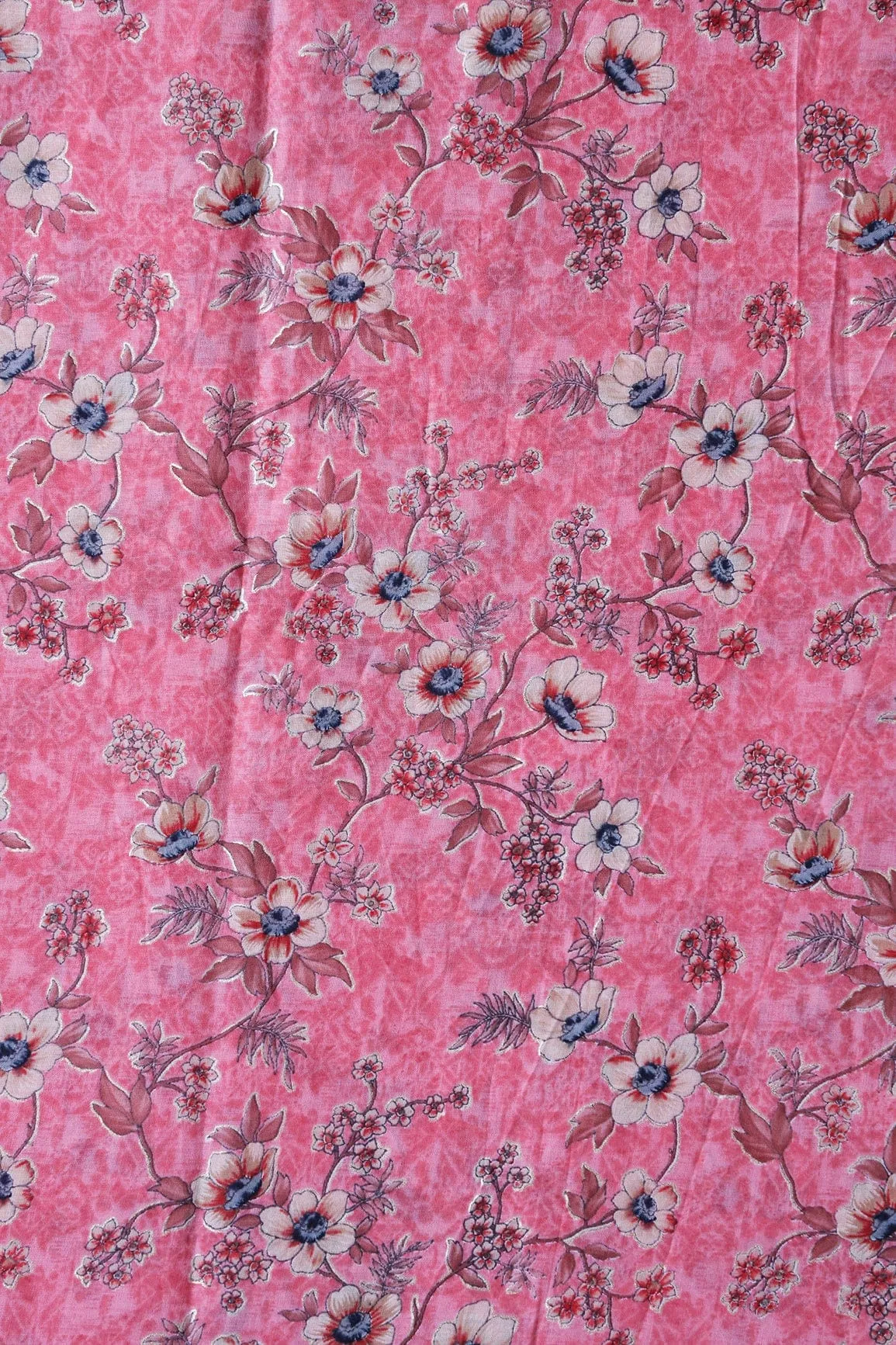 Pink And Beige Color Floral Foil Print On Pure Mul Cotton Fabric