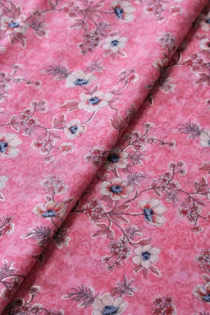 Pink And Beige Color Floral Foil Print On Pure Mul Cotton Fabric