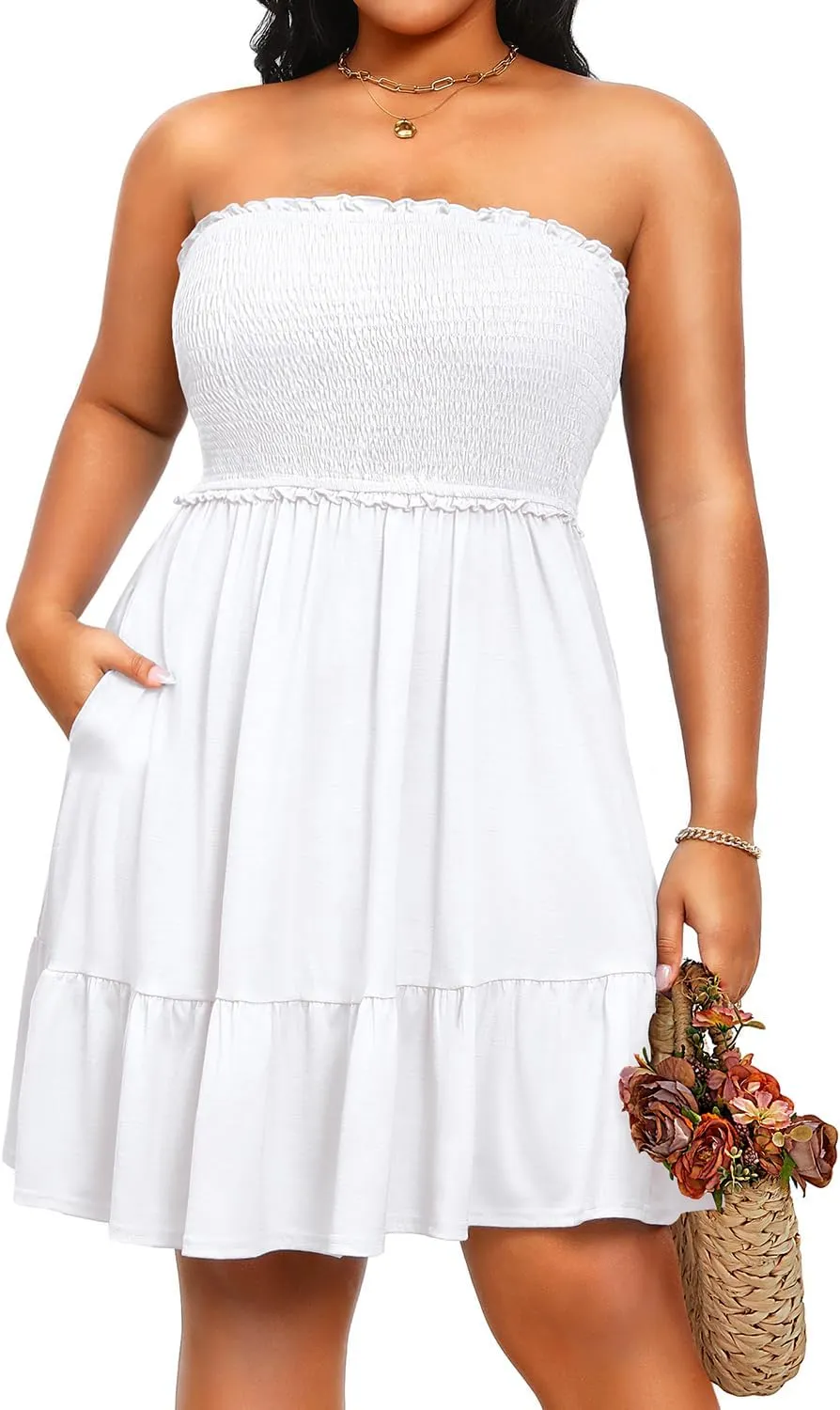 Pinup Fashion Plus Size Swimsuit Cover Ups Women Strapless Ruffle Beach Dress with Pockets