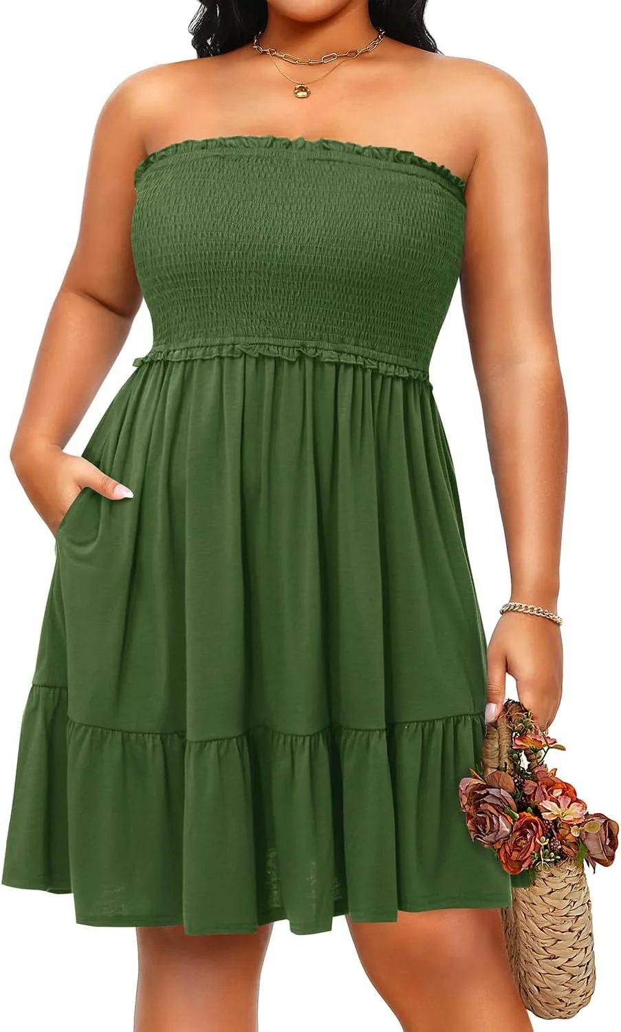 Pinup Fashion Plus Size Swimsuit Cover Ups Women Strapless Ruffle Beach Dress with Pockets